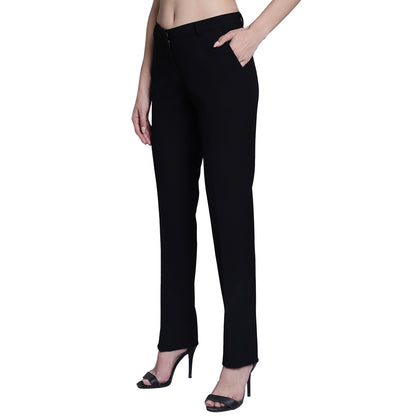 Women's Formal Flat Front Black Full length Mid Rise Trousers
