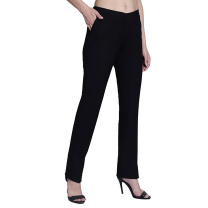 Women's Formal Flat Front Black Full length Mid Rise Trousers