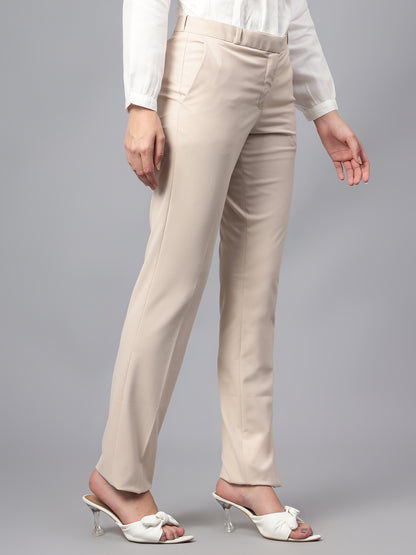 Women's Formal Flat Front Beige Full length Mid rise Trousers