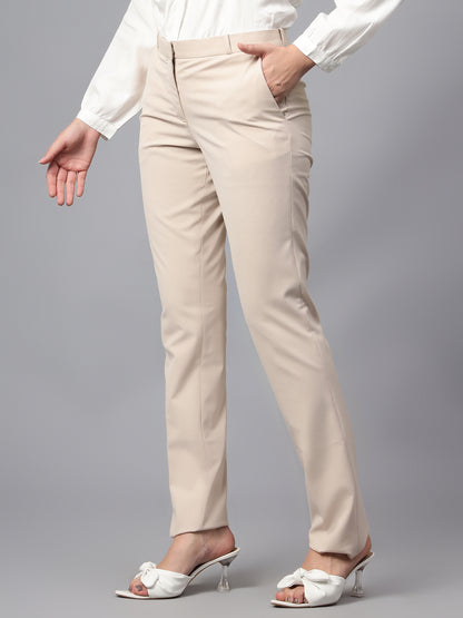 Women's Formal Flat Front Beige Full length Mid rise Trousers