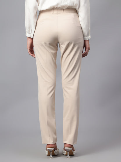 Women's Formal Flat Front Beige Full length Mid rise Trousers