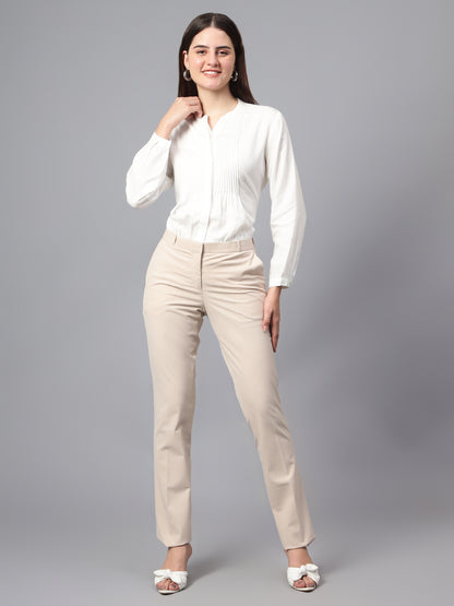 Women's Formal Flat Front Beige Full length Mid rise Trousers