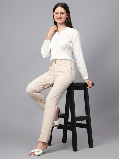 Women's Formal Flat Front Beige Full length Mid rise Trousers