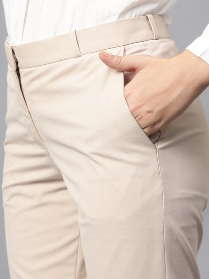 Women's Formal Flat Front Beige Full length Mid rise Trousers