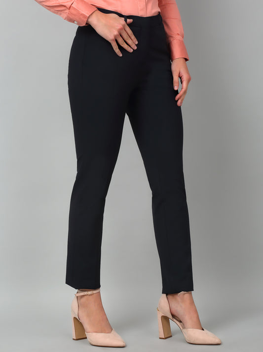 Women's Formal Flat Front Navy Blue Full length Mid rise Trousers
