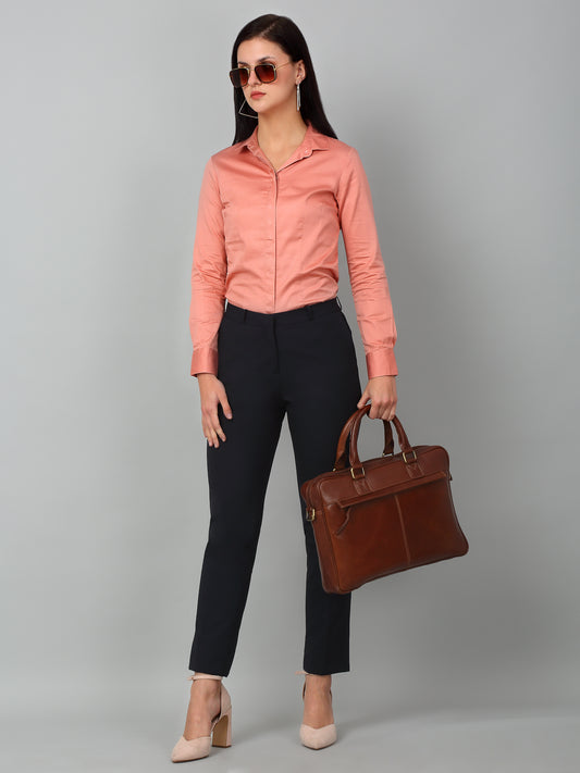 Women's Formal Flat Front Navy Blue Full length Mid rise Trousers