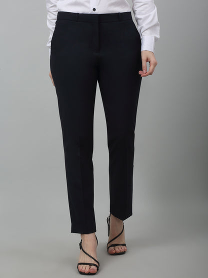 Women's Formal Flat Front Navy Blue Full length Mid rise Trousers