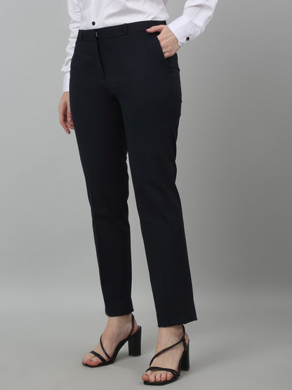 Women's Formal Flat Front Navy Blue Full length Mid rise Trousers