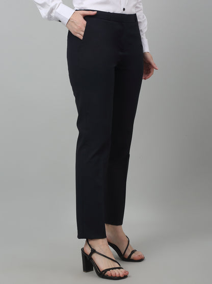 Women's Formal Flat Front Navy Blue Full length Mid rise Trousers