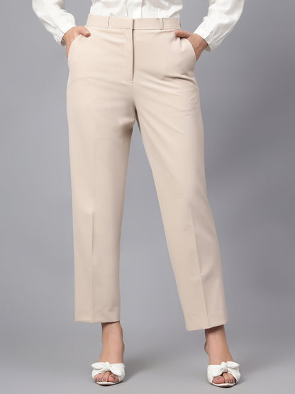 Women's Formal Flat Front Beige Full length High rise Trousers