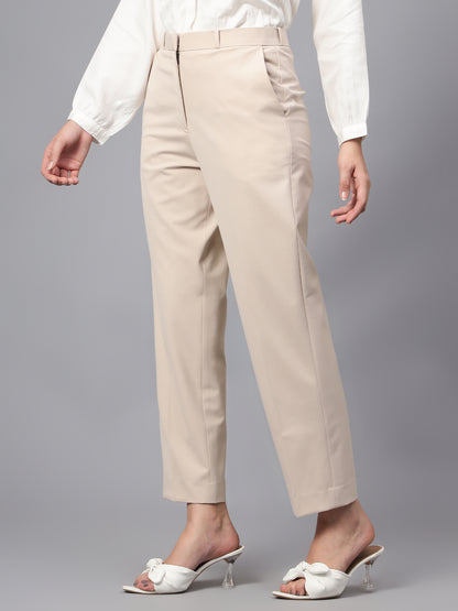 Women's Formal Flat Front Beige Full length High rise Trousers