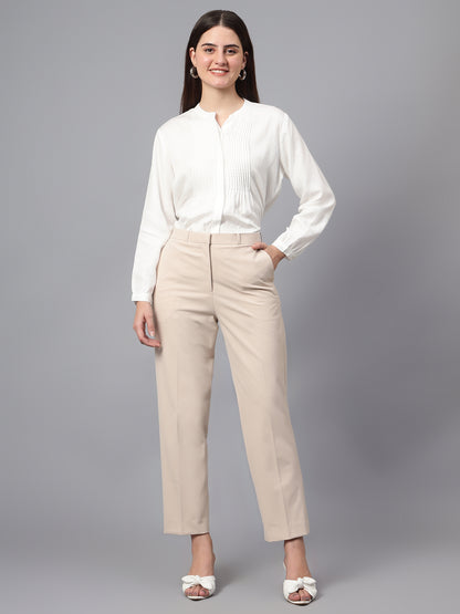 Women's Formal Flat Front Beige Full length High rise Trousers