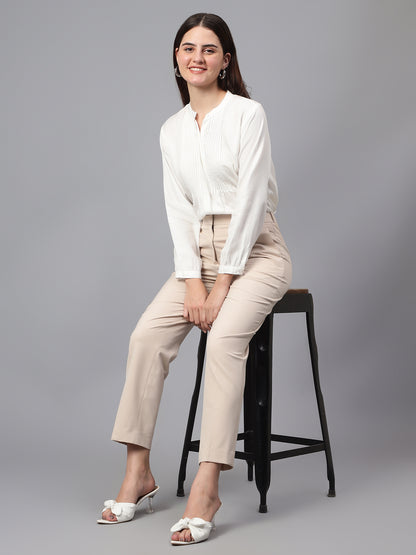 Women's Formal Flat Front Beige Full length High rise Trousers