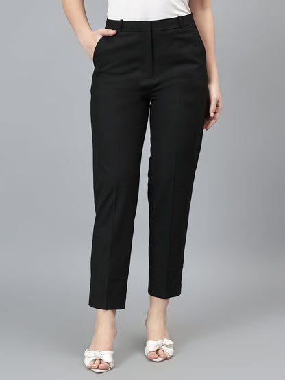 Women's Solid Black Full length Mid Rise Trousers