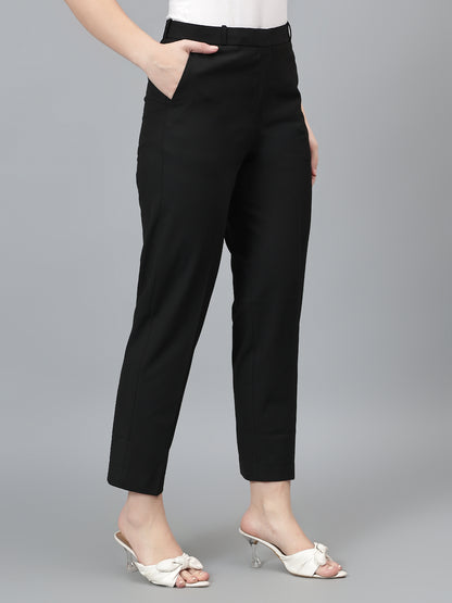 Women's Solid Black Full length Mid Rise Trousers