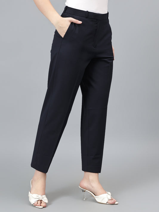 Women's Solid Navy Full length Mid Rise Trousers