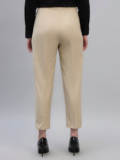 Women's Beige Solid Non Pleated Regular Fit High Waist Formal Trouser
