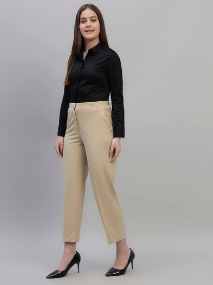 Women's Beige Solid Non Pleated Regular Fit High Waist Formal Trouser