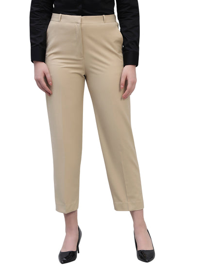 Women's Beige Solid Non Pleated Regular Fit High Waist Formal Trouser