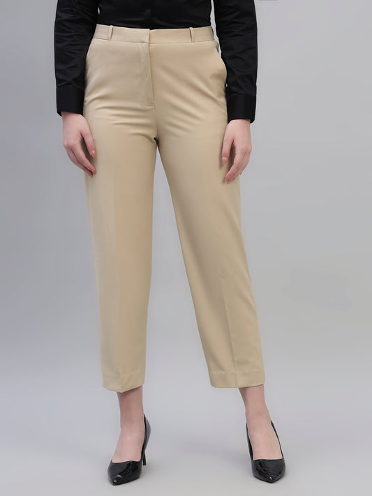 Women's Beige Solid Non Pleated Regular Fit High Waist Formal Trouser