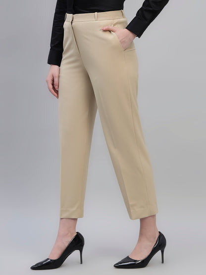 Women's Beige Solid Non Pleated Regular Fit High Waist Formal Trouser