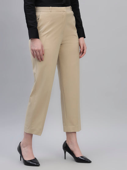 Women's Beige Solid Non Pleated Regular Fit High Waist Formal Trouser