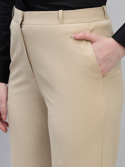 Women's Beige Solid Non Pleated Regular Fit High Waist Formal Trouser