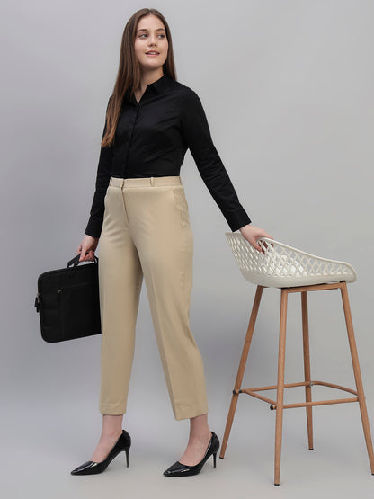 Women's Beige Solid Non Pleated Regular Fit High Waist Formal Trouser