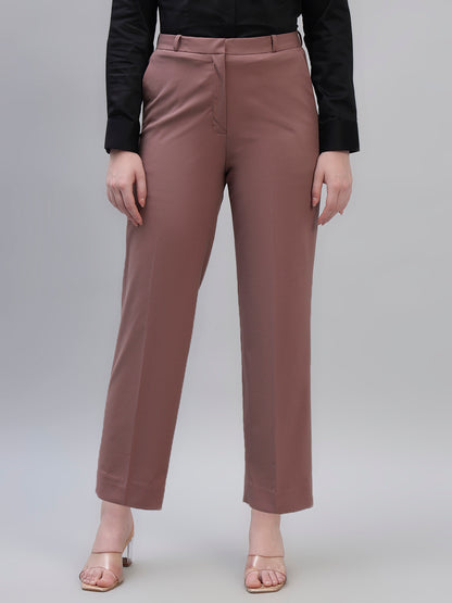 Women's Pink Solid Non Pleated Regular Fit High Waist Formal Trouser