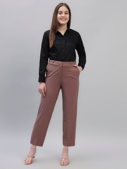 Women's Pink Solid Non Pleated Regular Fit High Waist Formal Trouser