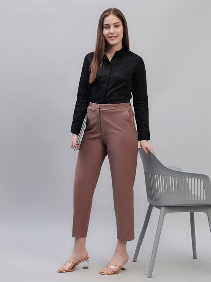 Women's Pink Solid Non Pleated Regular Fit High Waist Formal Trouser