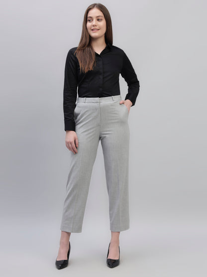 Women's Grey Solid Non Pleated Regular Fit High Waist Formal Trouser