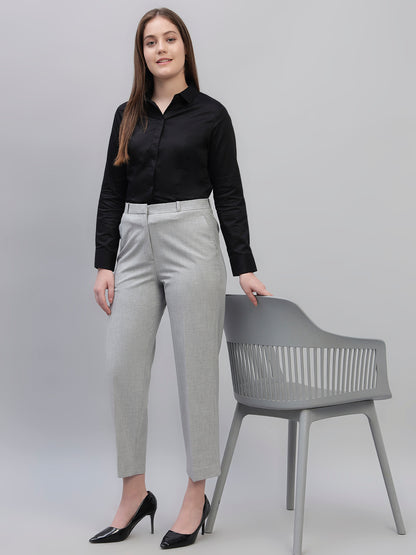 Women's Grey Solid Non Pleated Regular Fit High Waist Formal Trouser