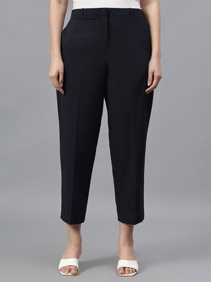 Women's Navy Blue Solid Regular Fit Formal Trosuer