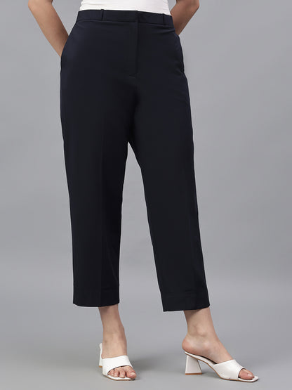 Women's Navy Blue Solid Regular Fit Formal Trosuer