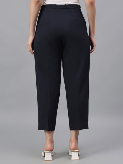 Women's Navy Blue Solid Regular Fit Formal Trosuer
