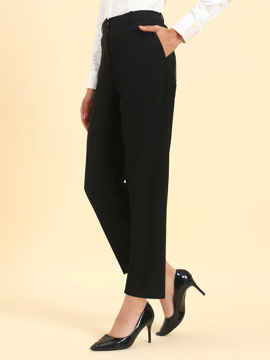 Women's Black Solid Regular Fit Formal Trouser