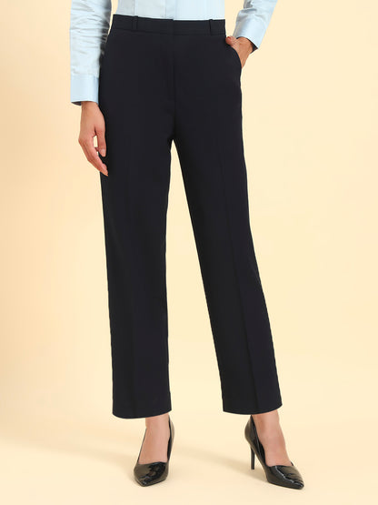 Women's Navy Blue Solid Regular Fit Formal Trouser
