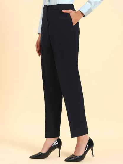 Women's Navy Blue Solid Regular Fit Formal Trouser