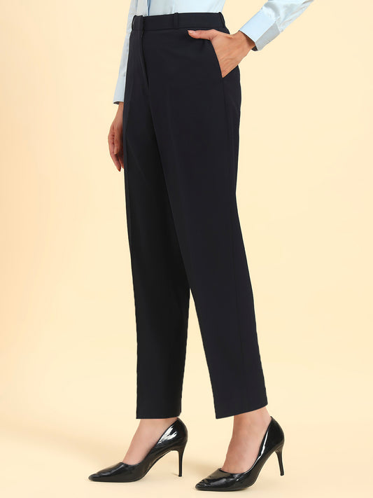Women's Navy Blue Solid Regular Fit Formal Trouser