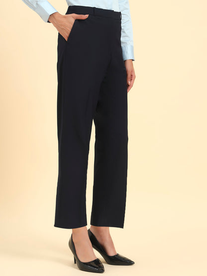 Women's Navy Blue Solid Regular Fit Formal Trouser
