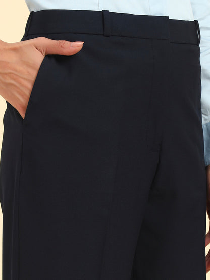 Women's Navy Blue Solid Regular Fit Formal Trouser