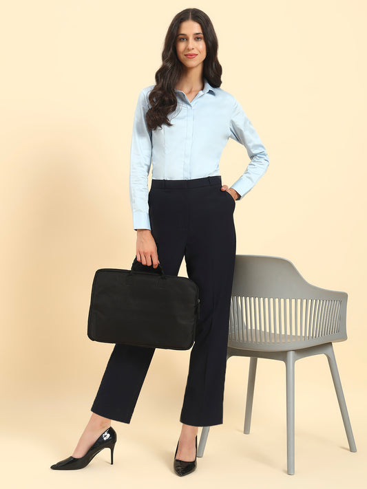 Women's Navy Blue Solid Regular Fit Formal Trouser