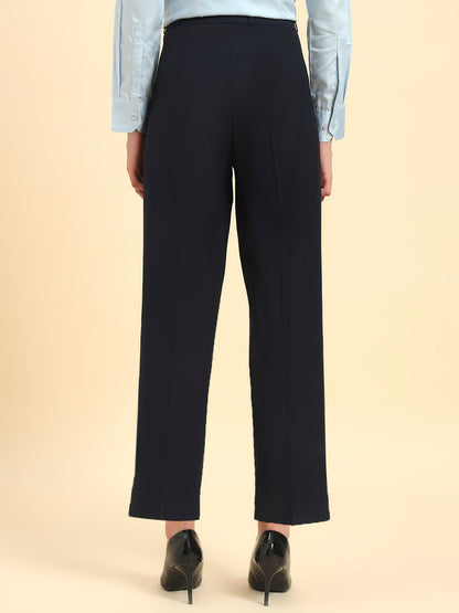 Women's Navy Blue Solid Regular Fit Formal Trouser