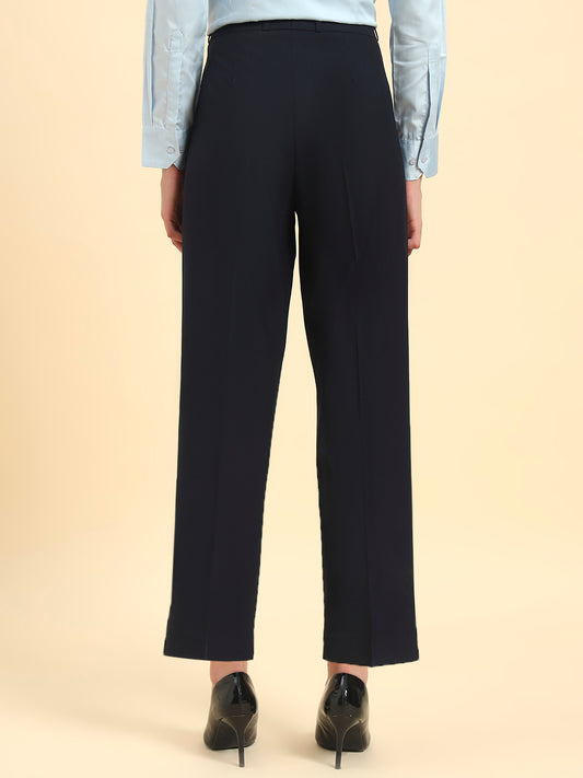 Women's Navy Blue Solid Regular Fit Formal Trouser