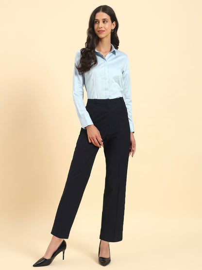 Women's Navy Blue Solid Regular Fit Formal Trouser