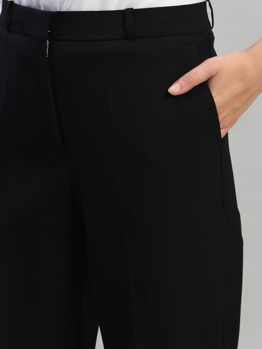 Women's Solid Black Regular Fit Formal Trouser