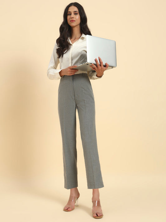 Women's Grey Solid Regular Fit Formal Trouser