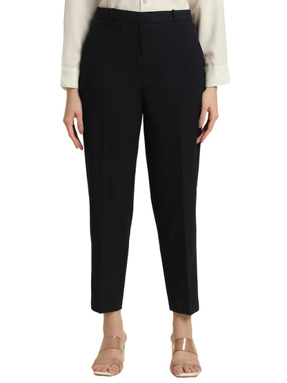 Women's Navy Blue Solid Regular Fit Formal Trouser
