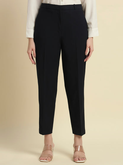 Women's Navy Blue Solid Regular Fit Formal Trouser